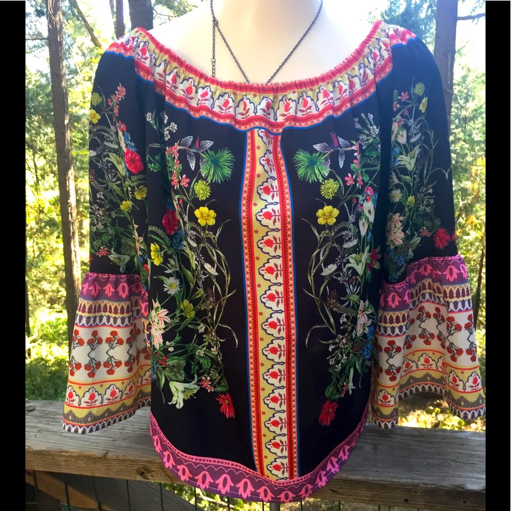 Umgee  bohemian style bell sleeve top , flower detailed top